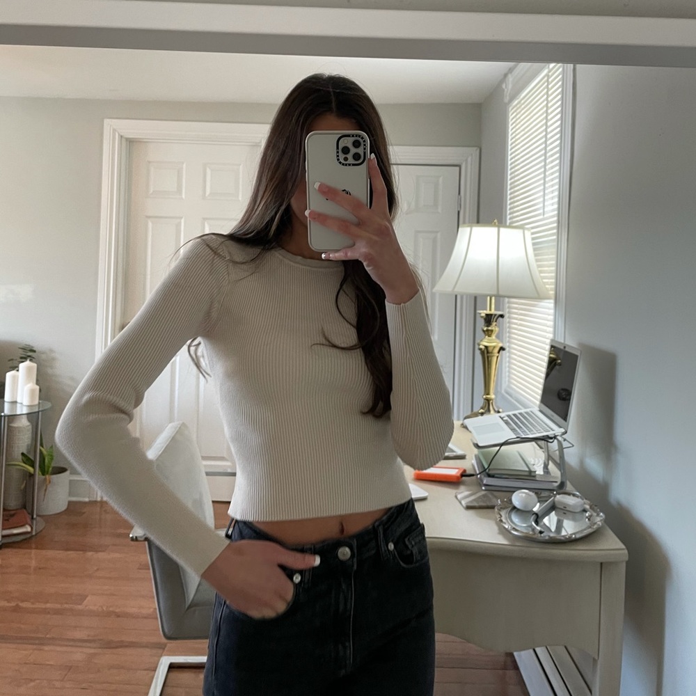 Cream Zara Ribbed Long Sleeve Sweater top